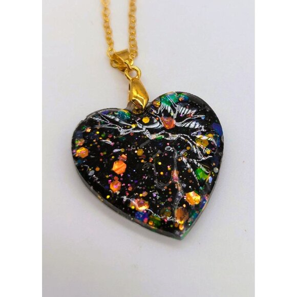 Black Heart-Shape Pendant with Holographic Glitter 10.5" Length One-of-a-Kind - Picture 6 of 7
